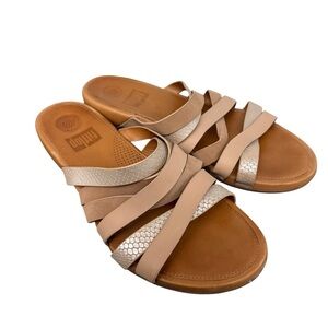 FitFlop Women’s Strappy Slide Sandals Nude Tan Leather Comfort Size 9